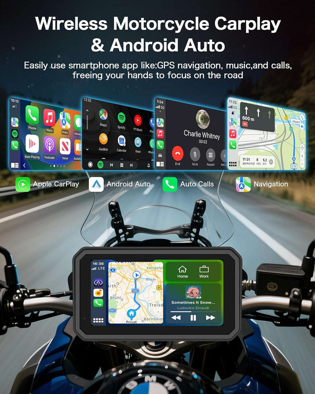 Jansite 4K Motorrad CarPlay Android Auto 6,25 Zoll Motorrad Navi mit Dashcam Vorne Hinten, IP67 Wass