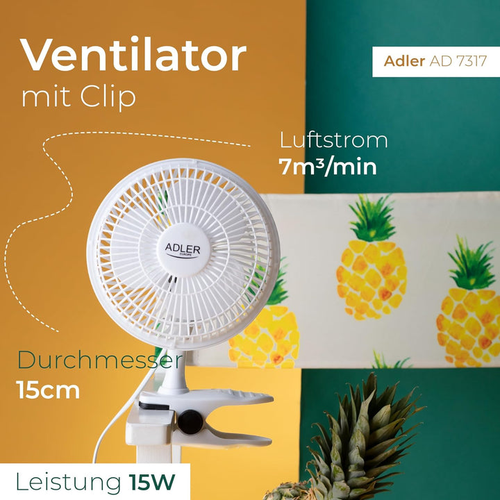 Adler AD 7317 Tischventilator mit Clip, Tragbarer, Klingen Durchmesser 15cm, 2 Geschwindigkeitsstufe