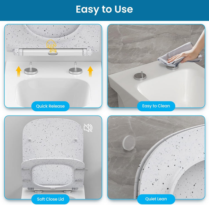 WC Sitz mit Absenkautomatik, Toilettendeckel Eckig Form, Klodeckel Weiss Marmor, Klobrille Softclose