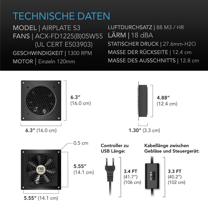 AC Infinity AIRPLATE S3, leises Kühllüftersystem 6" (16 cm) mit Geschwindigkeitssteuerung, für Heimk