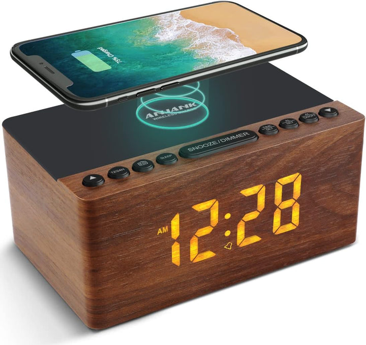 ANJANK Digitaler Radiowecker aus Holz mit Kabelloser Ladestation，10W Fast Wireless Charger for iPhon