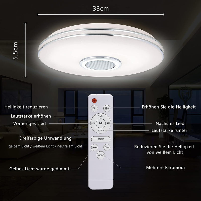 LED Deckenleuchte Dimmbar mit Bluetooth Lautsprecher,36W Deckenlampe Lautsprecher mit Fernbedienung