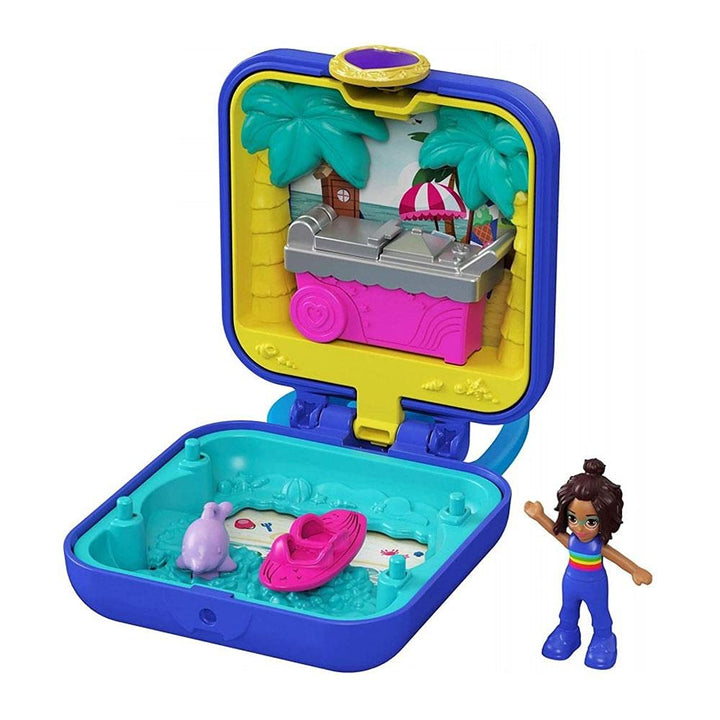Polly Pocket GKJ44 - Shanis Tropischer Strand-Schatulle mit mobilem Eiswagen, Surfbrett, Delfinfigur