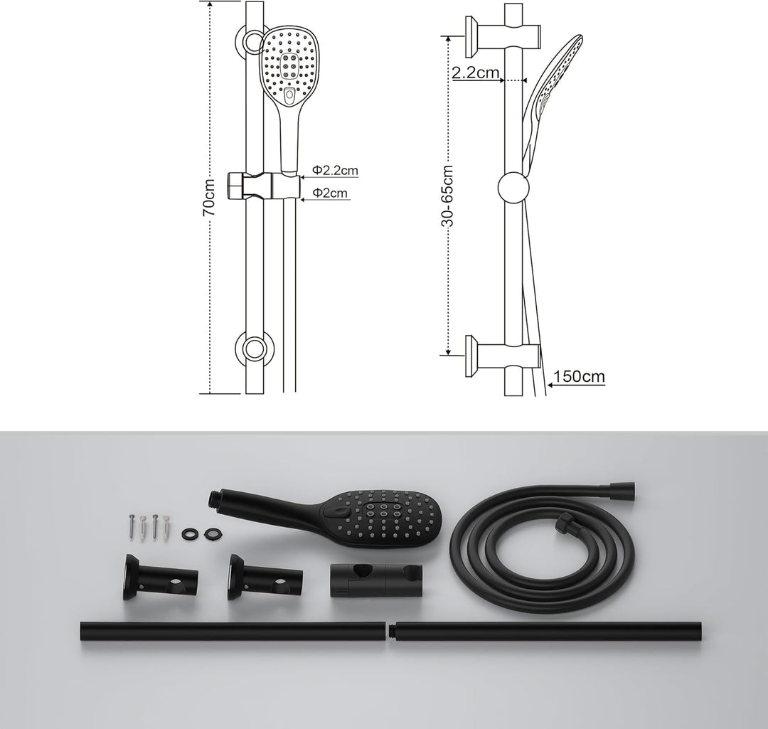Görbach Schwarz Duschset mit Handbrause Duschstange mit Duschkopfhalter, Duschbrause mit schlauch un