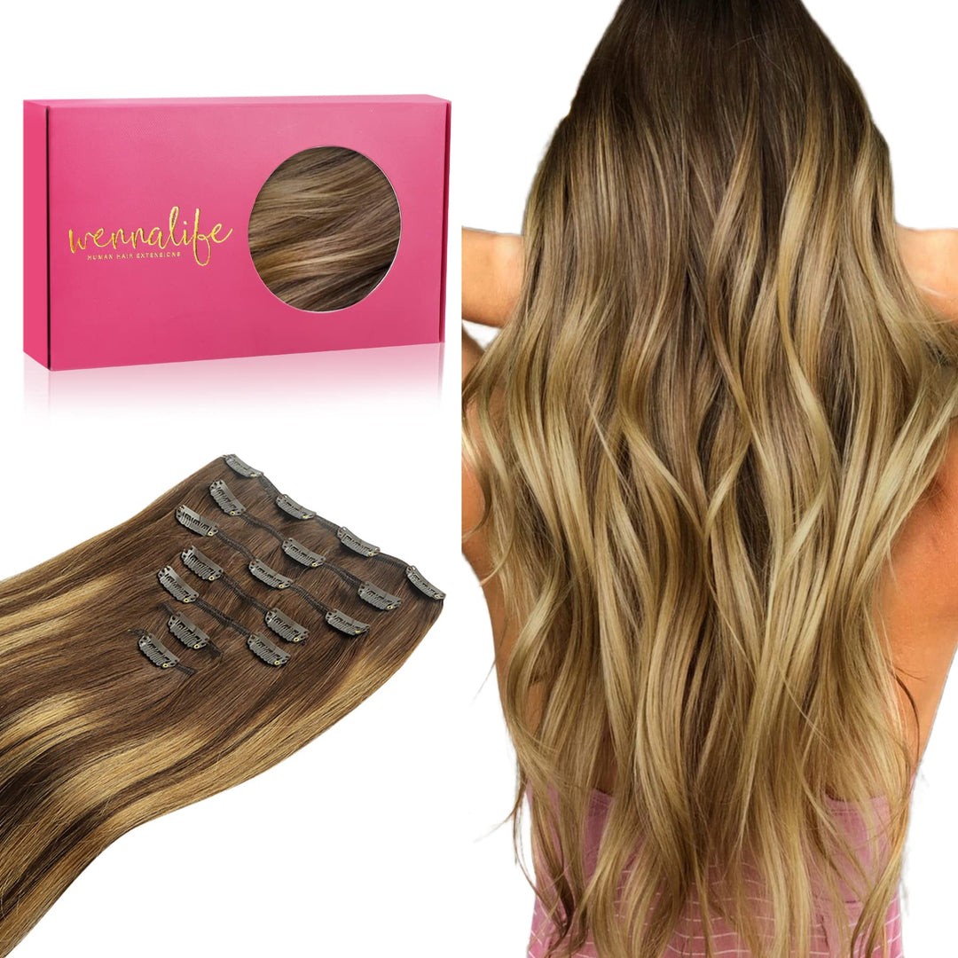 WENNALIFE Clip in Extensions Echthaar, 45cm 18 Zoll 120g 7pcs Balayage Schokoladenbraun bis Karamell