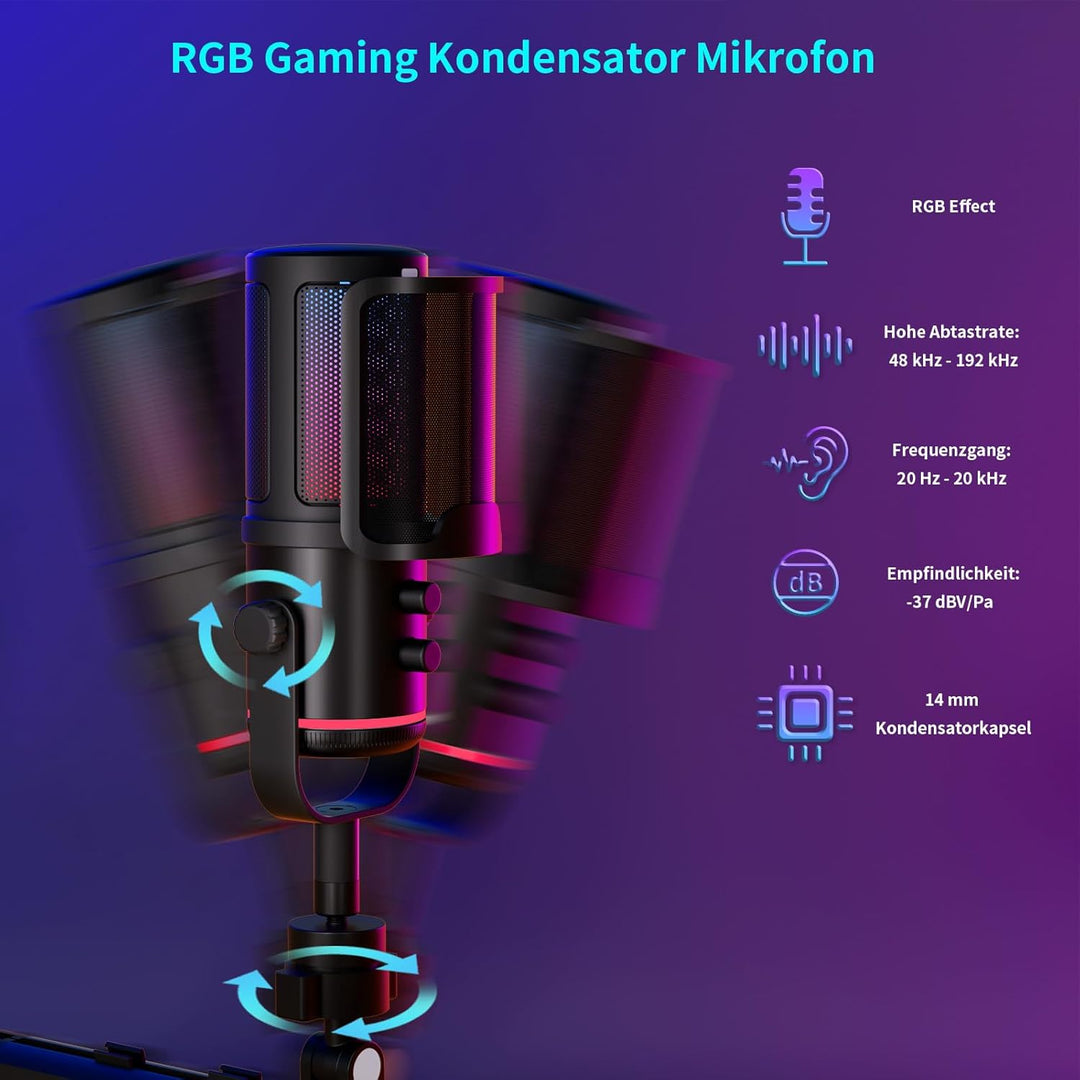 K KASONIC RGB Mikrofon für Gaming mit Boom Arm, Home Studio Kondensatormikrofon für PC, 24bit 192kHz