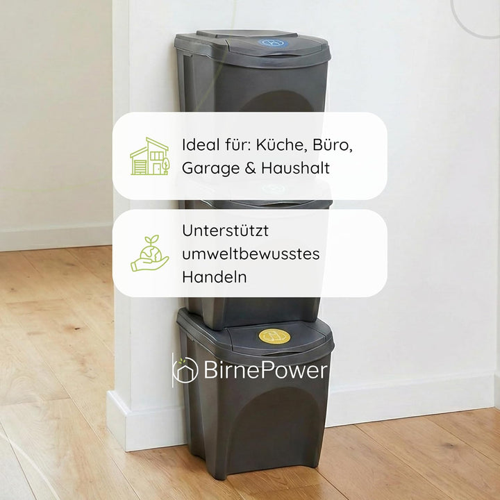 BirnePower Mülleimer Müllbehälter Abfalleimer 75L Set 3 x 25L Mülltrennsystem Behälter Sorti Box mit