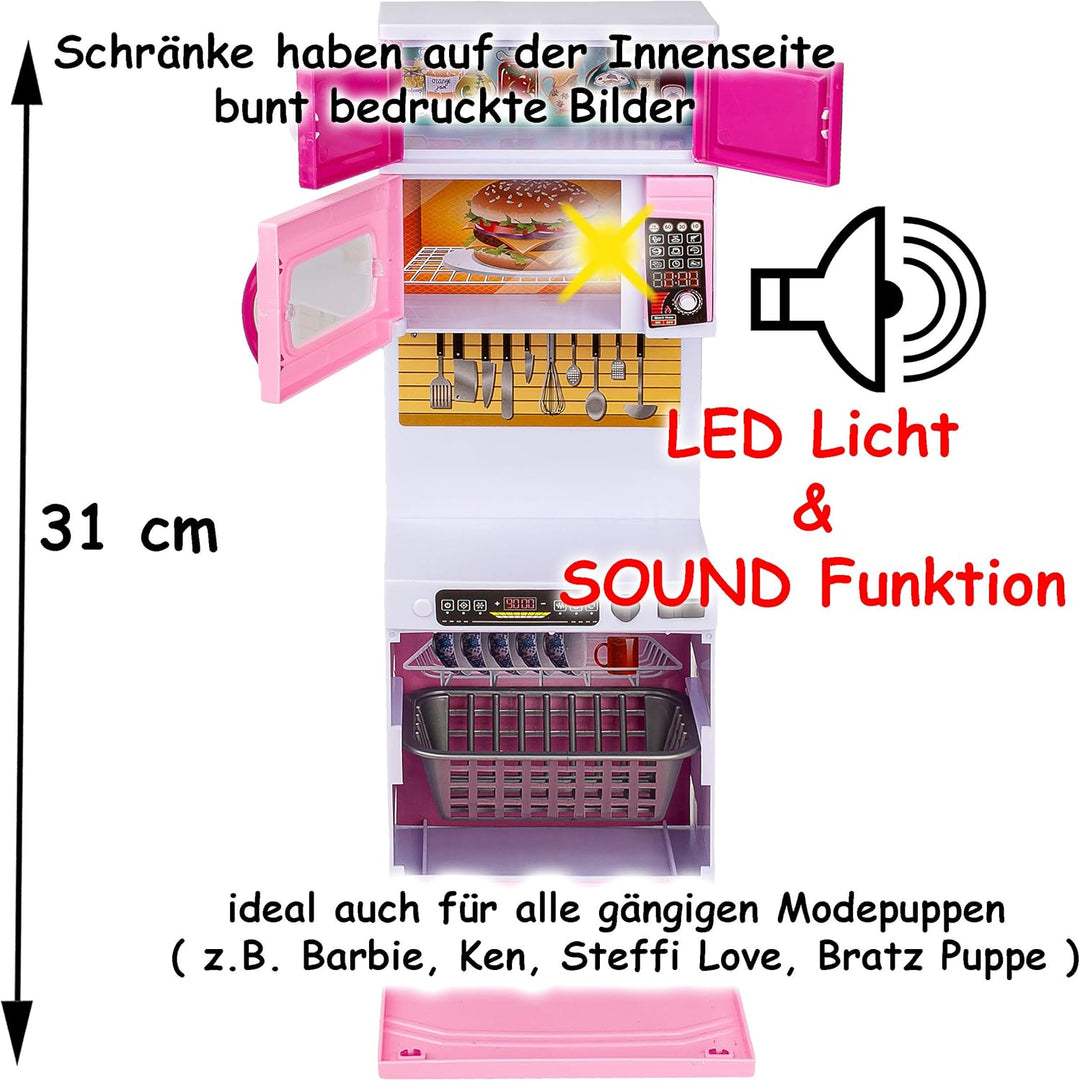 Puppenhaus Möbel - Sound & Licht - 31 cm gross - Backofen + Herd + Geschirrspüler + Mikrowelle + Spü