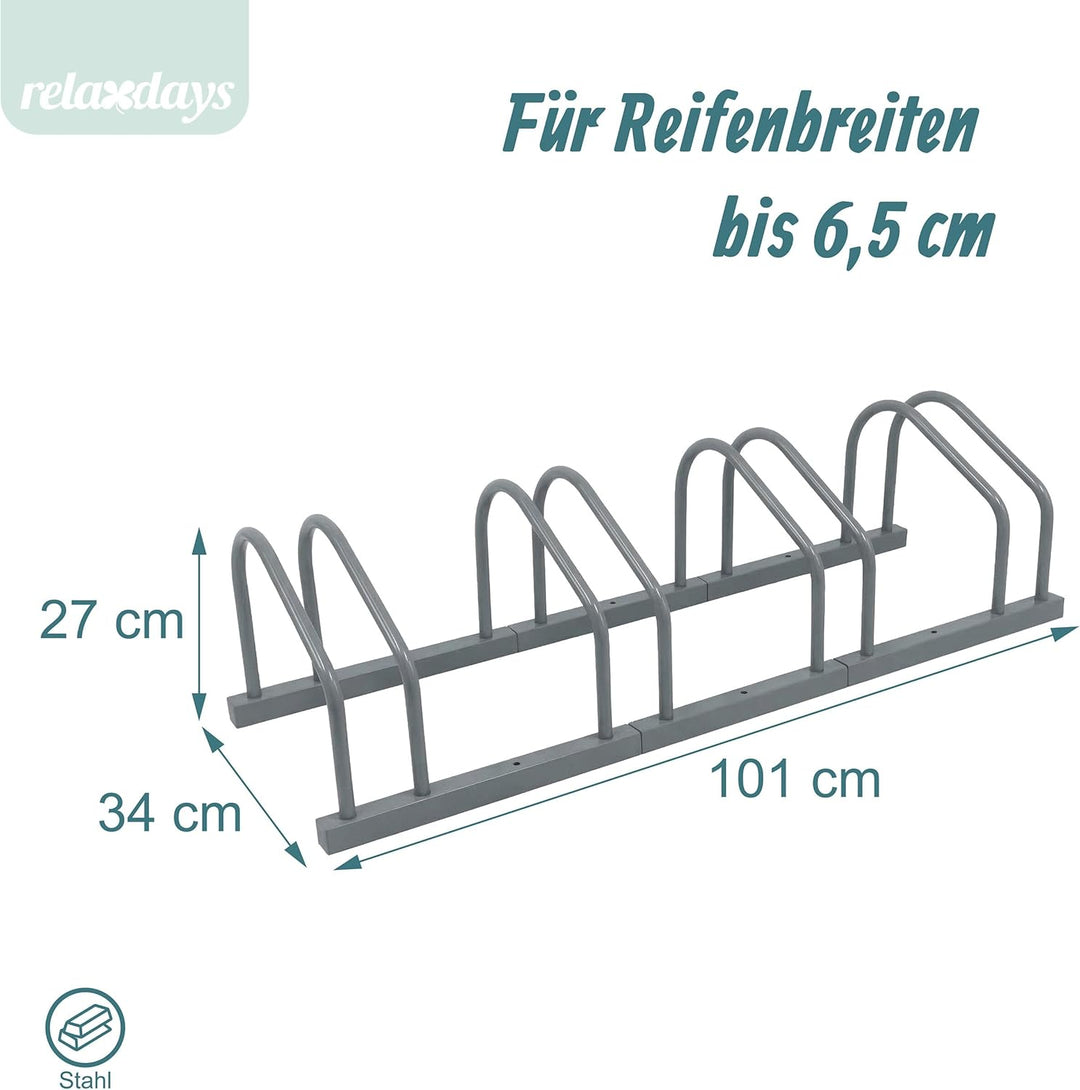 Relaxdays Fahrradständer Boden &amp; Wandmontage, 4 Räder, bis 65 mm Reifenbreite, Garage &amp; Hof, Reihenp