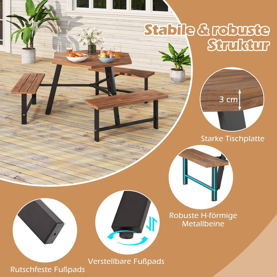 COSTWAY Picknicktisch Set für 6 Personen, Gartentisch aus Akazienholz mit Schirmloch & 3 Bänken, Ter