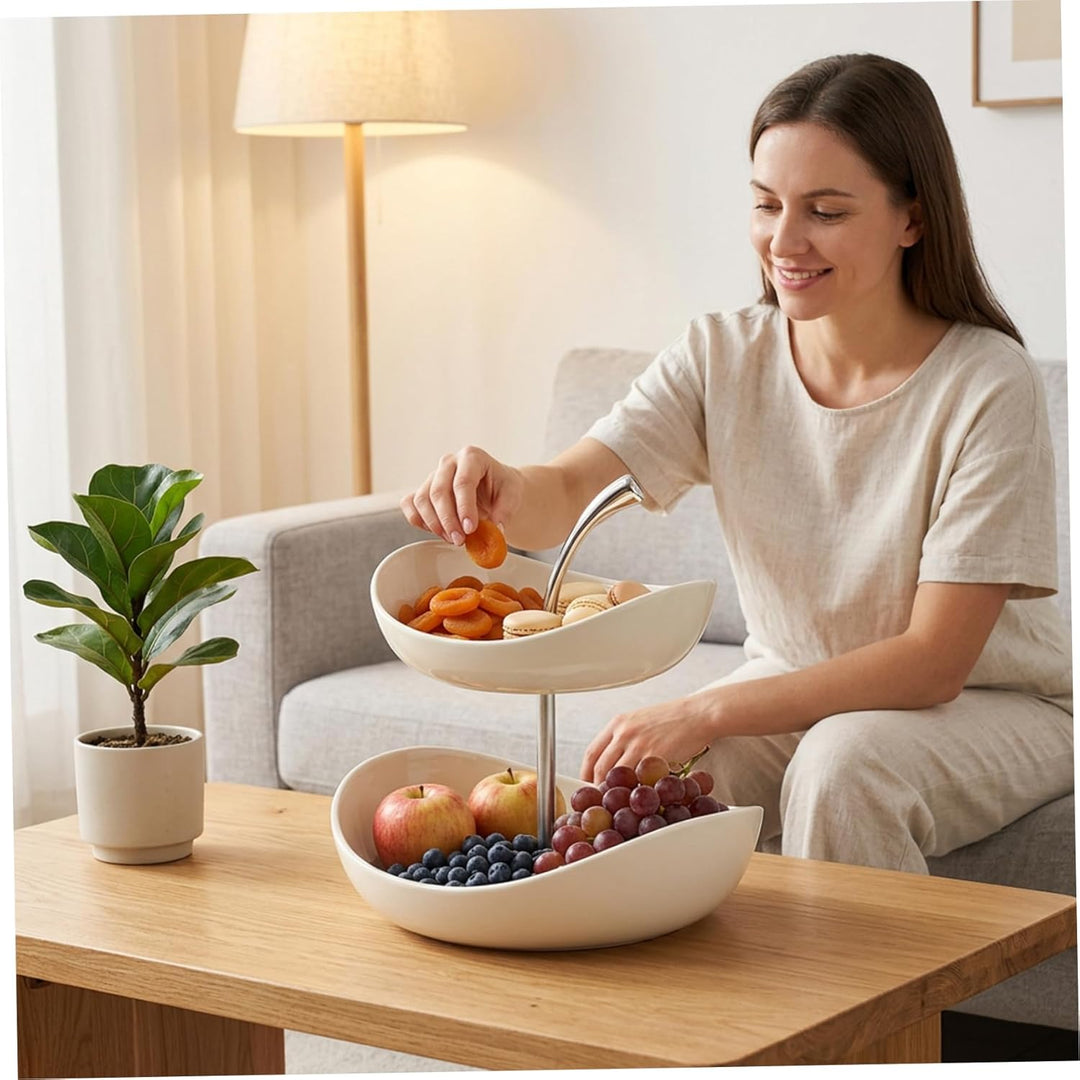 Zweistöckige Obstschale, eleganter Keramik Obstkorb mit abnehmbaren Etagen für eine optimale Geschma