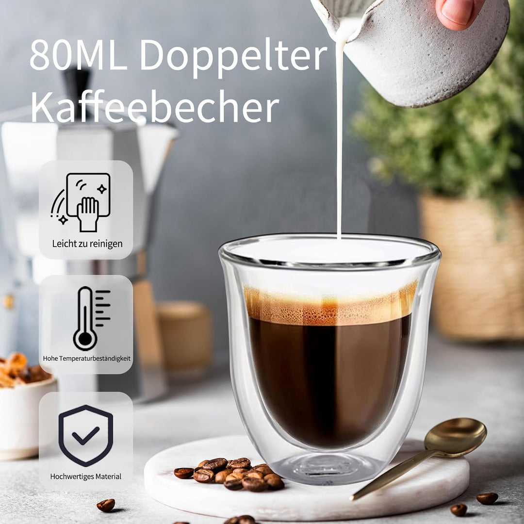 Espressotassen Glas 80 ml 6er Set – Doppelwandige Espressogläser aus Borosilikatglas, Isolierend & H