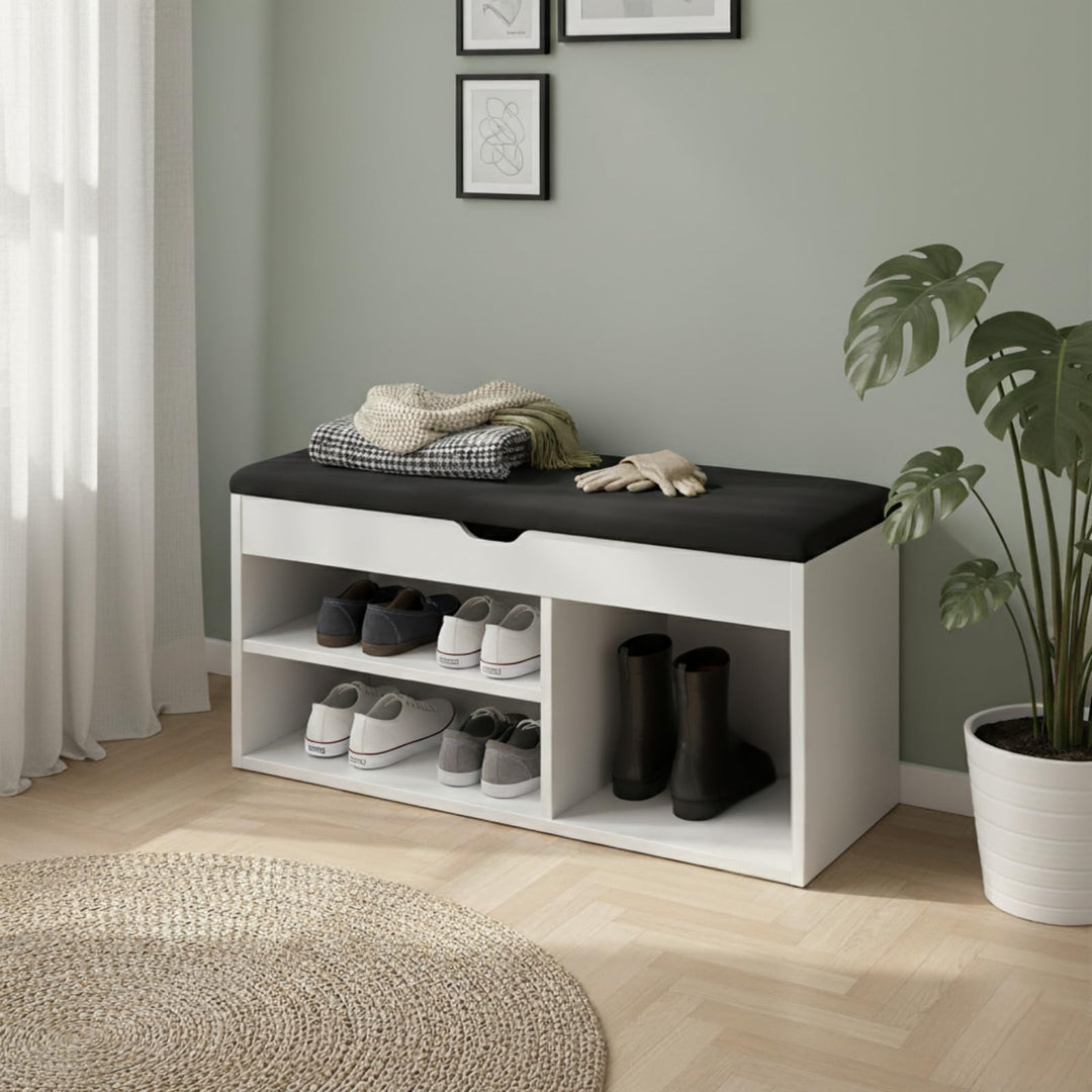 BOXIMO TRIA Schuhschrank mit Sitzbank, MDF und Polyester, 80 x 43 x 30 cm Weiss, Weiss