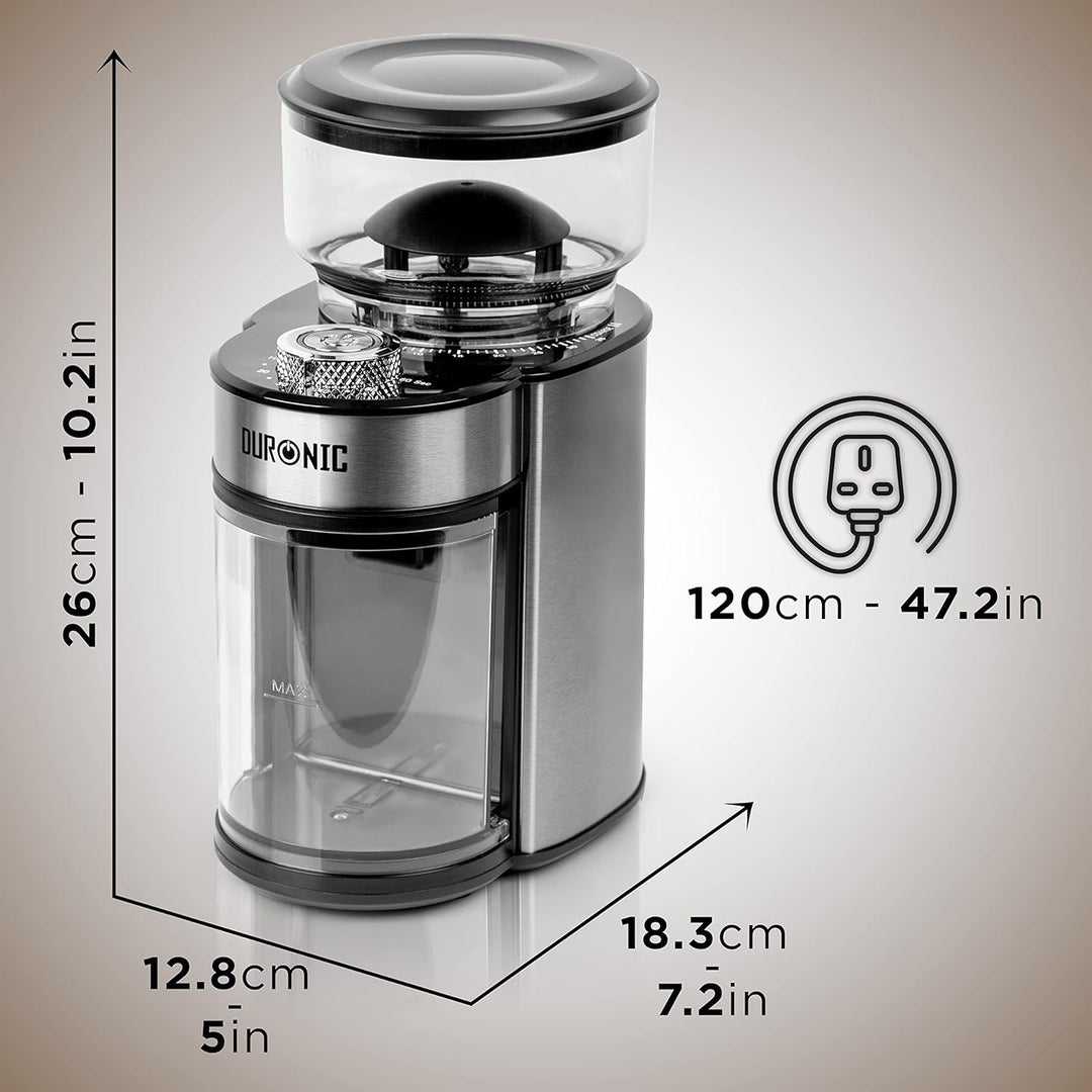 Duronic BG200 Elektrische Kegelmühle, 200 W Kaffeemühle mit Mahlwerk, 200 g Kaffeebohnen, Mahlgrad v