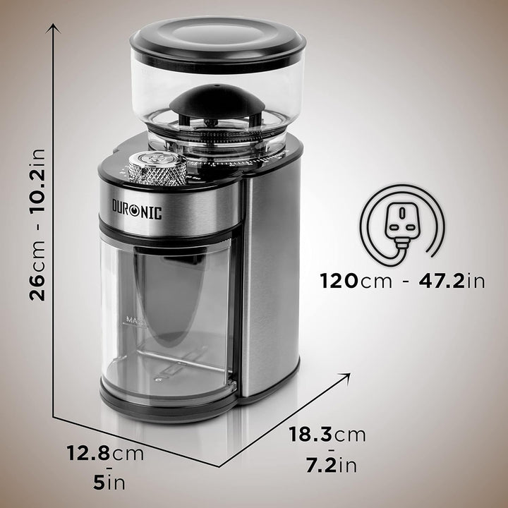 Duronic BG200 Elektrische Kegelmühle, 200 W Kaffeemühle mit Mahlwerk, 200 g Kaffeebohnen, Mahlgrad v