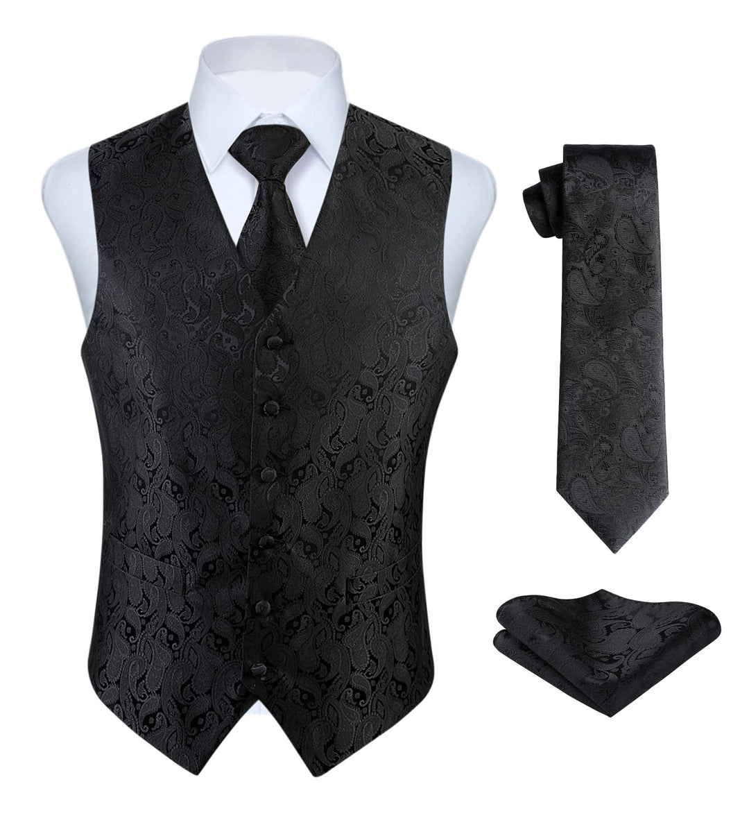 Hisdern Manner Paisley Floral Jacquard Weste &amp; Krawatte und Einstecktuch Weste Anzug Set, Black-2, G