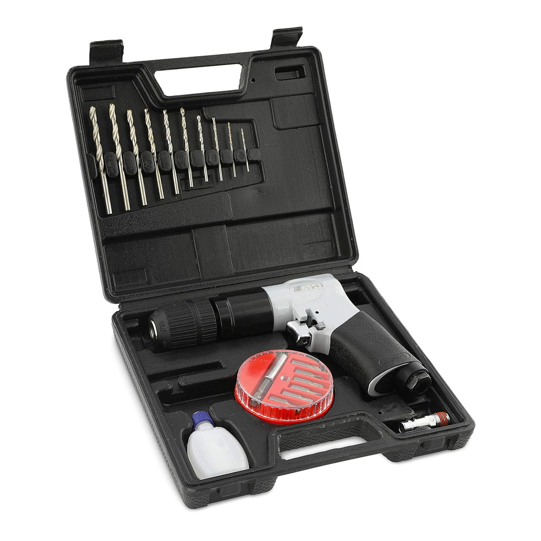 ABAC Druckluft Bohrmaschine G-190 - Kunststoffkoffer mit Zubehör (Bohrer + Schraubendreherbits + Pla