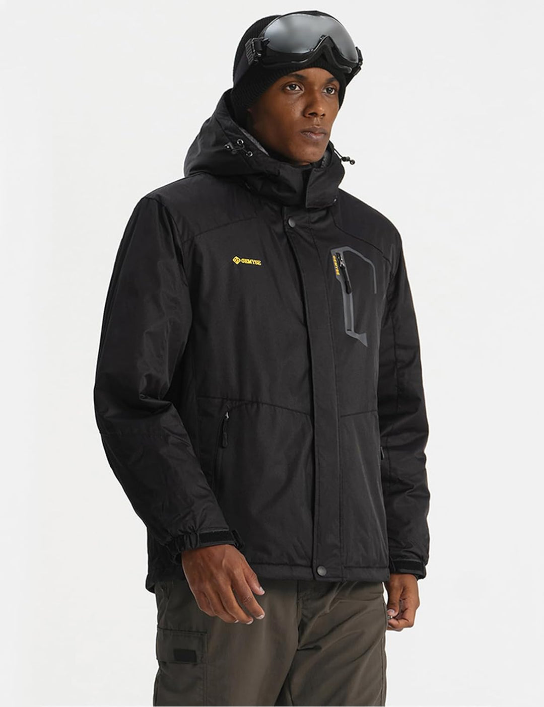 GEMYSE Herren Wasserdichte Berg-Skijacke Winddichte Fleece Outdoor-Winterjacke mit Kapuze S Schwarz,