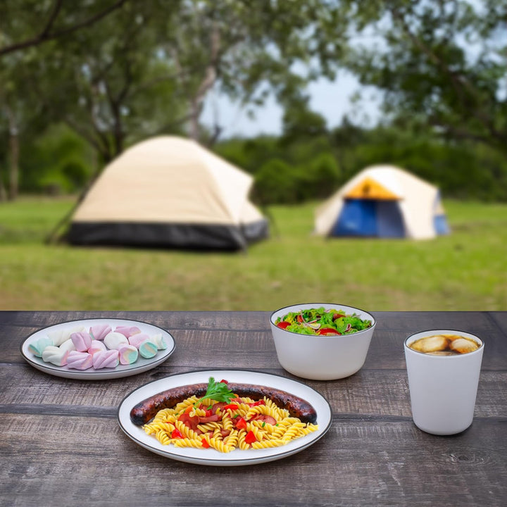 Melamin Campinggeschirr Service weiss - Geschirr Sets aus Teller Müslischale und Becher - Camping Ge