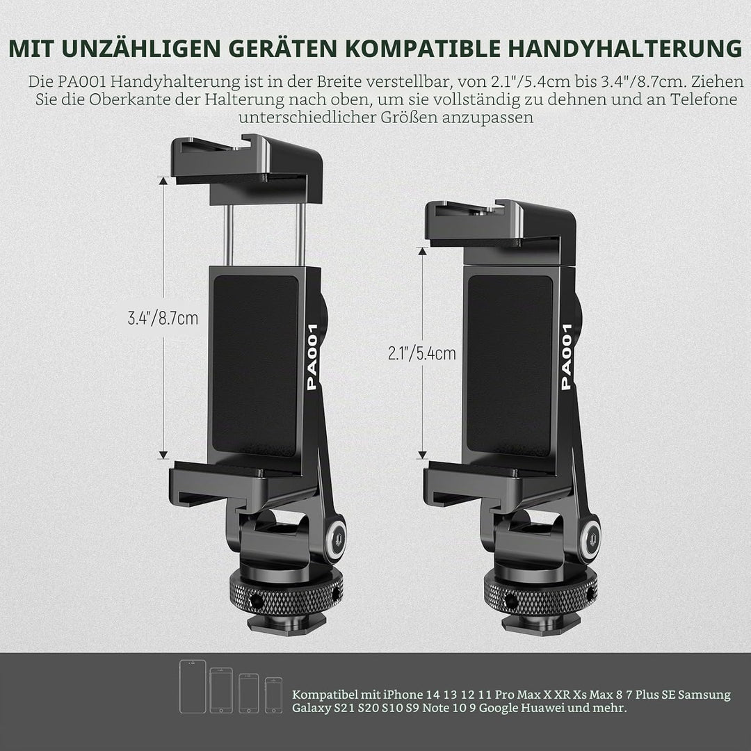 Neewer Metall Handy Stativ Mount Adapter mit Cold Shoe Base,360°Handyhalterung mit 2 Kaltschuh-Halte