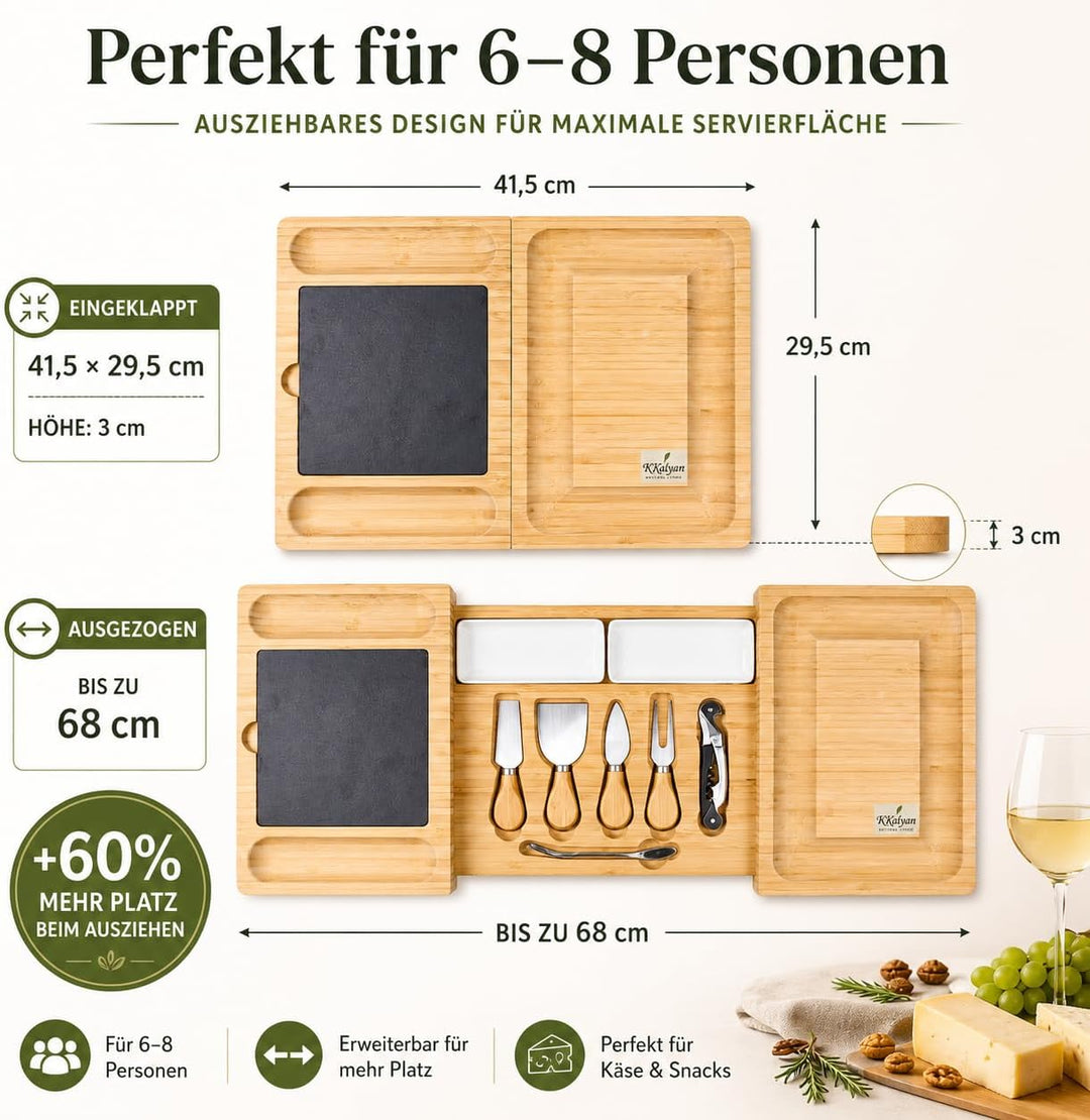 KKalyan Käsebrett Set aus Bambus – Ausziehbar auf 68 cm | Servierbrett mit Schieferplatte, 4 Käsemes