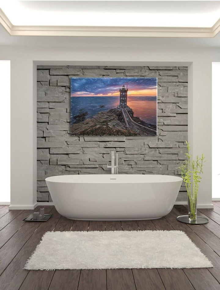 Pixxprint Leuchtturm im Sonnenuntergang Kunst Buntstift Effekt, Format: 100x70 auf Leinwand, 100x70