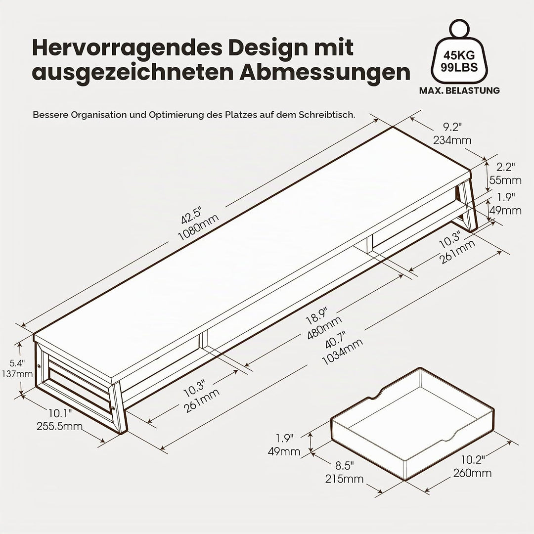 Fenge Dual Monitorständer Riser mit 2 Acryl Schubladen, 2 Etagen 108cm Computer Bildschirmständer fü