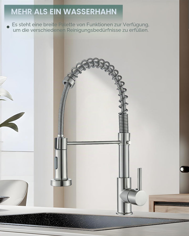 Wasserhahn Küche, Federhahn aus gebürstetem mit Pull Down Sprühkopf,Spültischarmatur 360°Drehung Gee