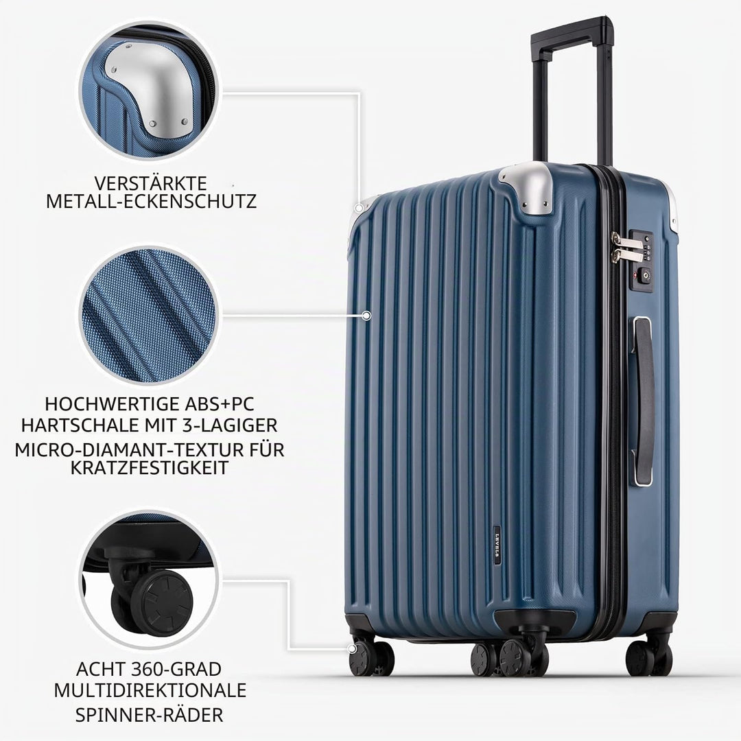 LEVEL8 Koffer Trolleys Handgepäck Hartschalenkoffer Rollkoffer Reisekoffer, TSA Blau 28‘’ 52*30*78CM