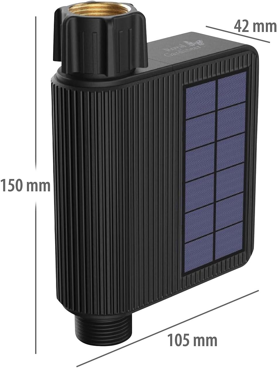 Royal Gardineer Solarbewässerungssysteme: 2er-Set WLAN-Bewässerungscomputer, Solarpanel, BT-Gateway,