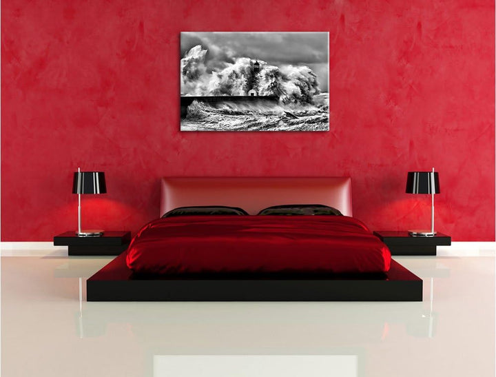 Pixxprint Monocrome, Leuchtturm im Sturm, Format: 100x70 auf Leinwand, 100x70