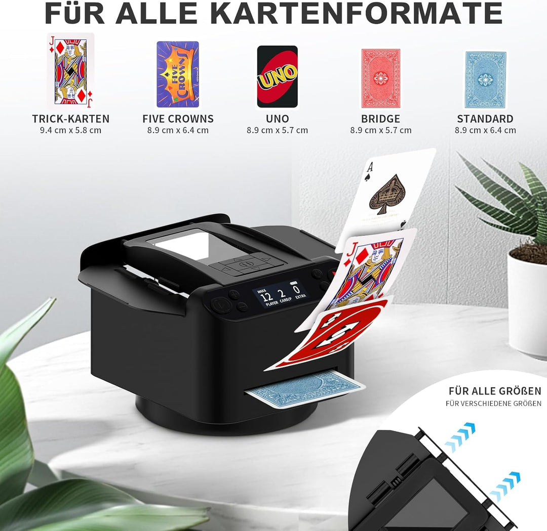 Automatischer Kartenmischer und Austeiler 2-in-1, 2 Kartensätze, unterstützt 2-12 Spieler, 4 Fernbed