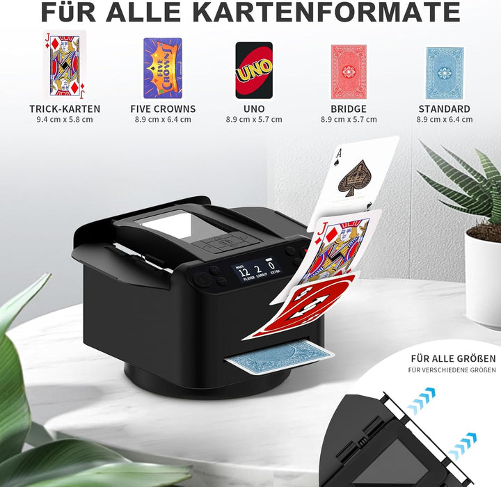 Automatischer Kartenmischer und Austeiler 2-in-1, 2 Kartensätze, unterstützt 2-12 Spieler, 4 Fernbed