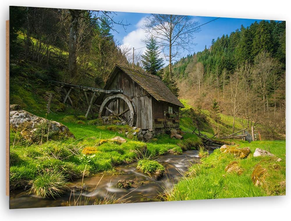 Wandbild Bach Modern Deko Kunst Bilder Hütte Grün 90x60 cm