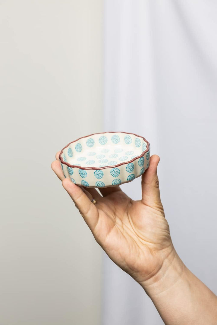 Tranquillo 6er Set Tarteletteform aus Steinzeug mit handgestempeltem Print weiss/blau RETRO, Ø11 x 3