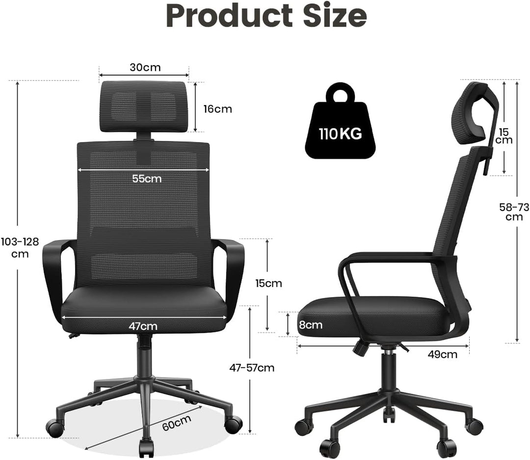 naspaluro Ergonomischer Bürostuhl, Schreibtischstuhl mit Verstellbarer Kopfstütze, Atmungsaktiver Ne