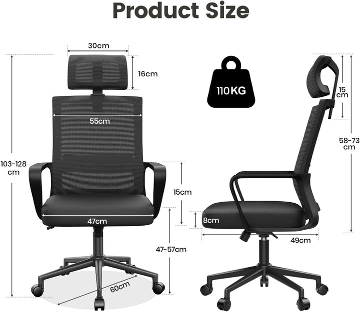 naspaluro Ergonomischer Bürostuhl, Schreibtischstuhl mit Verstellbarer Kopfstütze, Atmungsaktiver Ne