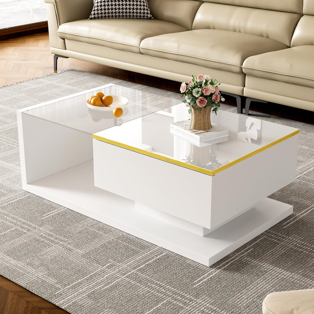Merax Moderner LED Couchtisch, Wohnzimmertisch mit Stauraum, Hochglanz-Weiss Beistelltische, Couchti