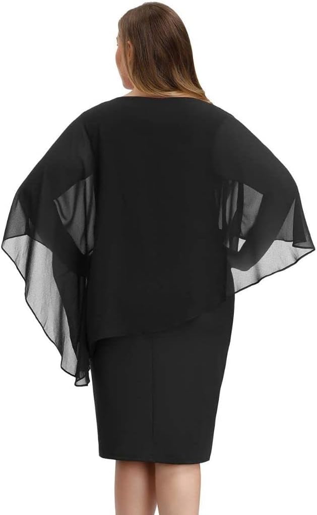 Hanna Nikole Damen Grosse Grösse Chiffon Cape Cocktailkleid Knielang Abendkleid mit Overlay L Schwar