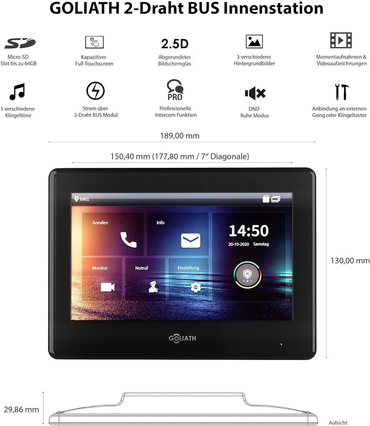 Goliath Hybrid | 2-Draht | Full-HD Video Türsprechanlage | App | 3-Fam | 3 x Full-Touchscreen 7" | A
