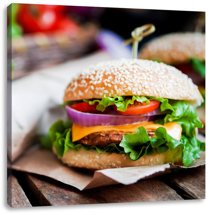 Leckerer Burger und Pommes, Format: 70x70 auf Leinwand, XXL riesige Bilder fertig gerahmt mit Keilra