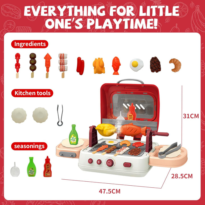 Grill-Spielzeugset für Kinder mit Rauchgeräuschen & Licht, Spielzeug-Lebensmittel & Küchenzubehör, i
