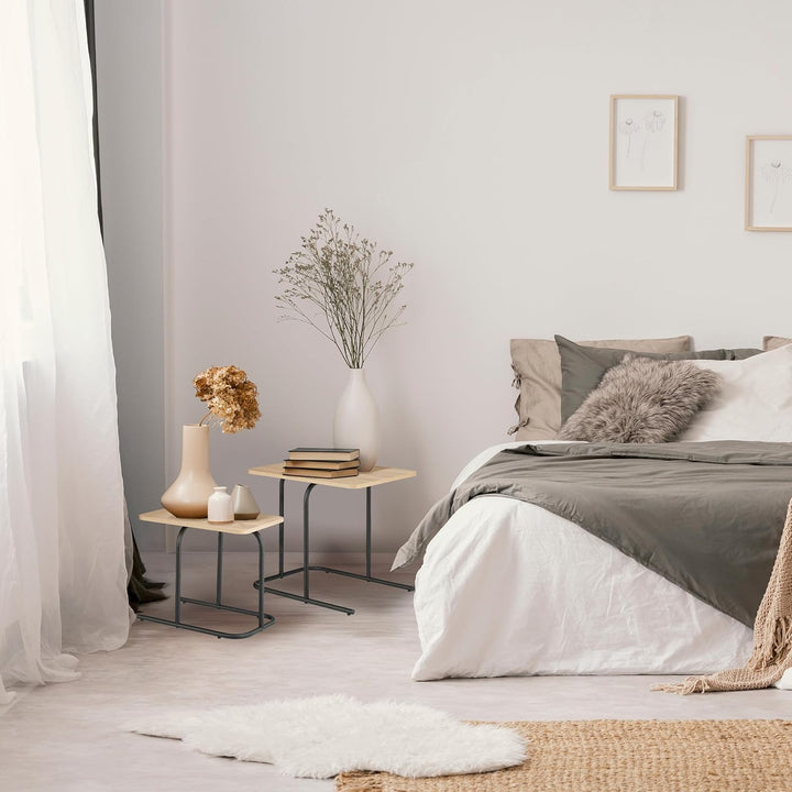 Relaxdays Satztisch, 2er Set, Holzoptik, Metall, eckiger Beistelltisch, Wohnzimmer, Flur, Couchtisch