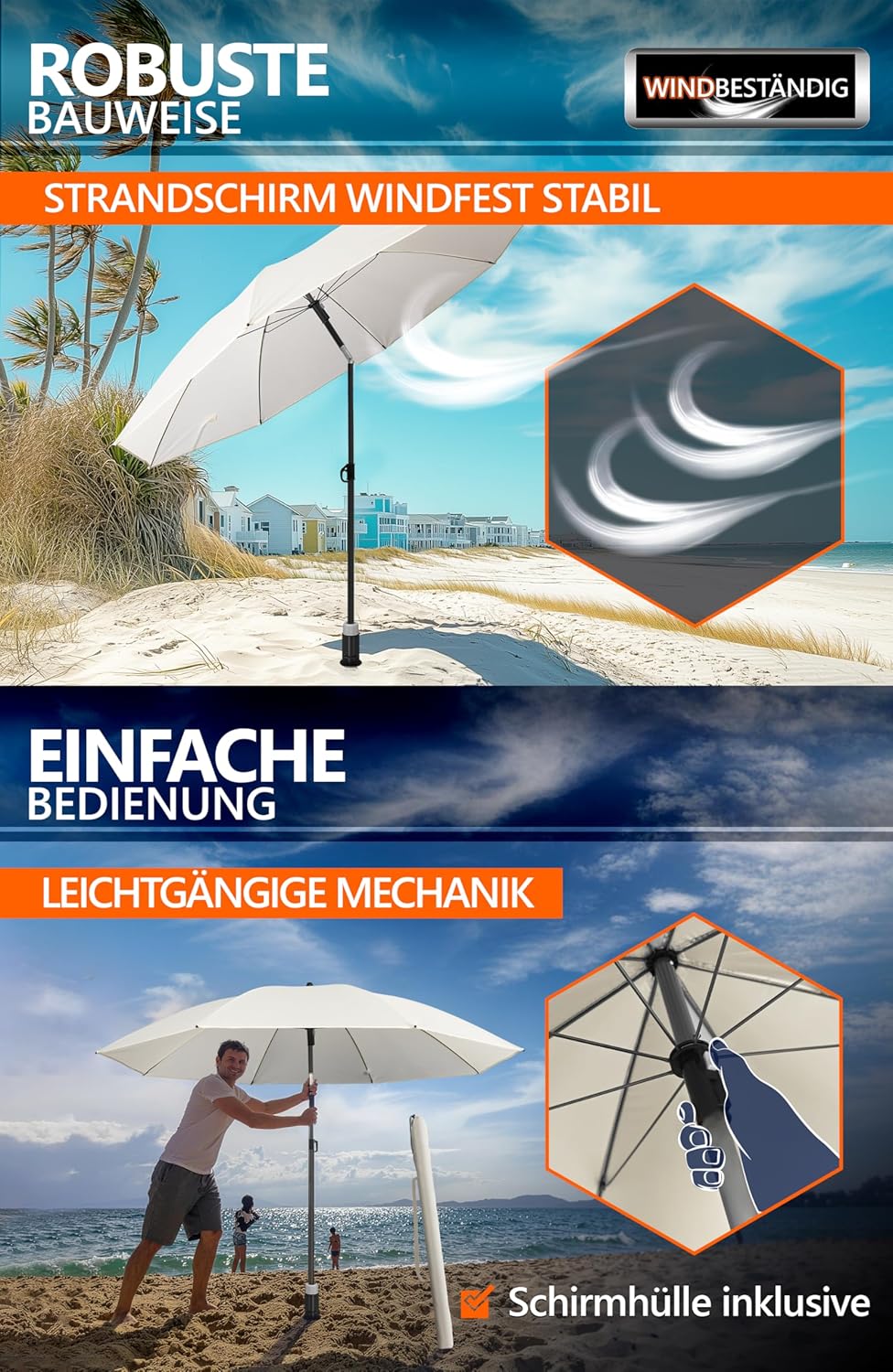 4smile Sonnenschirm Strand SunnyJoy, 3-IN-1 Set - UPF 50+ Strandschirm 160 cm + Sonnenschirm Schutzh