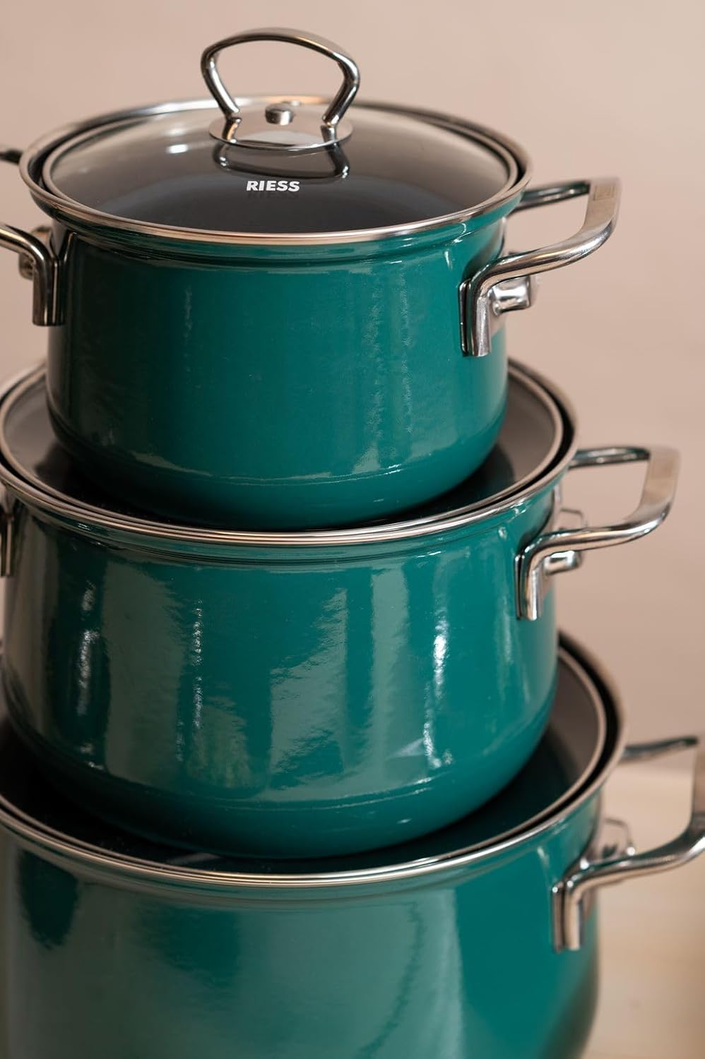 Riess, 0659-007, Fleischtopf mit Glasdeckel 24cm. 6L, Nouvelle TEAL, dunkelgr�n, Emaille, LBH 33.1 x