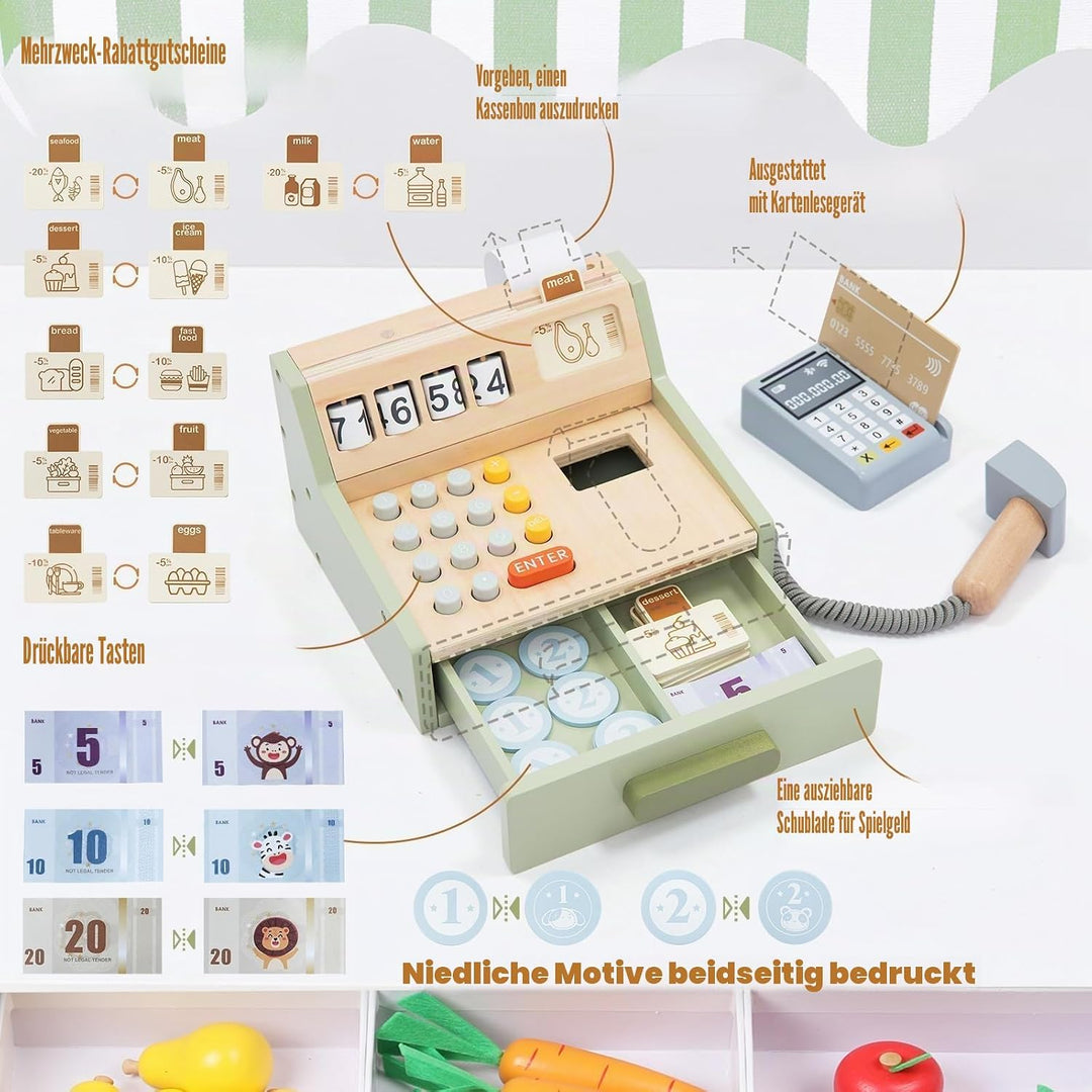 Holzkasse für Kinder – Interaktive Spielkasse für Kaufladen mit Scanner, Kartenleser, Spielgeld & Ho