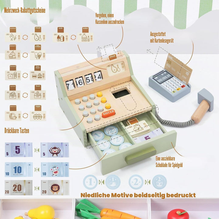 Holzkasse für Kinder – Interaktive Spielkasse für Kaufladen mit Scanner, Kartenleser, Spielgeld & Ho