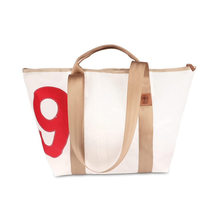 360 Grad Schlepper Mini Reisetasche klein, Segeltuch-Tasche weiss, mit RV, Zahl rot, Gurt beige, mar