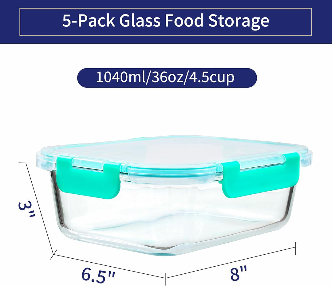 MFY 5er-Set 1040ml Meal Prep Boxen Glas Frischhaltedosen Glas mit Deckel, Glasbehälter mit Deckel Se