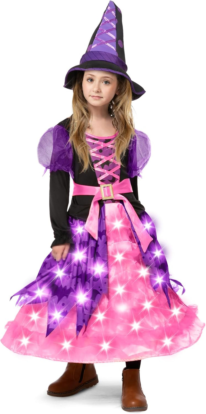Hexenkostüm für Mädchen, rosa Druck Hexerkostüm, Light-up Hexen Halloween Kostüm Kleid UP, Rosa